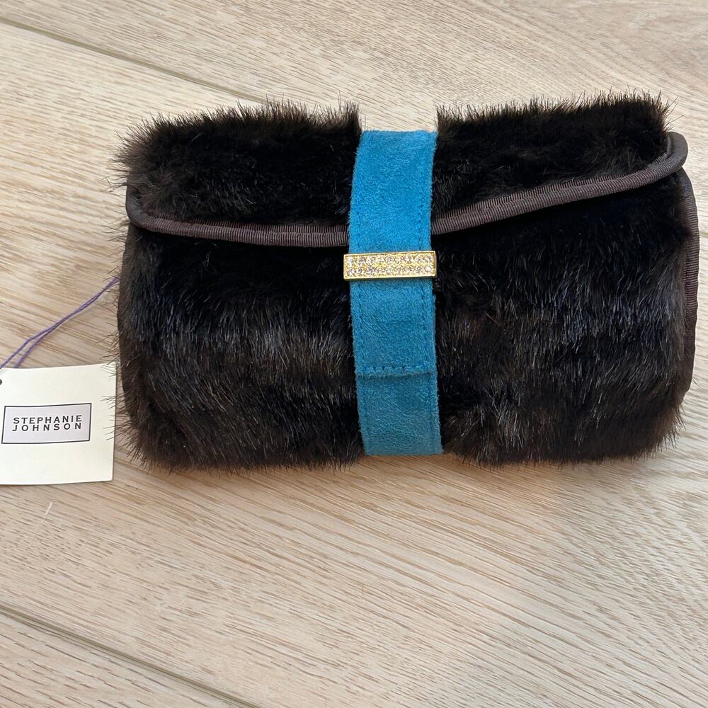 Stephanie Johnson Brown Faux Fur Roll-Up Travel Bag Blue faux Suede Strap NWT